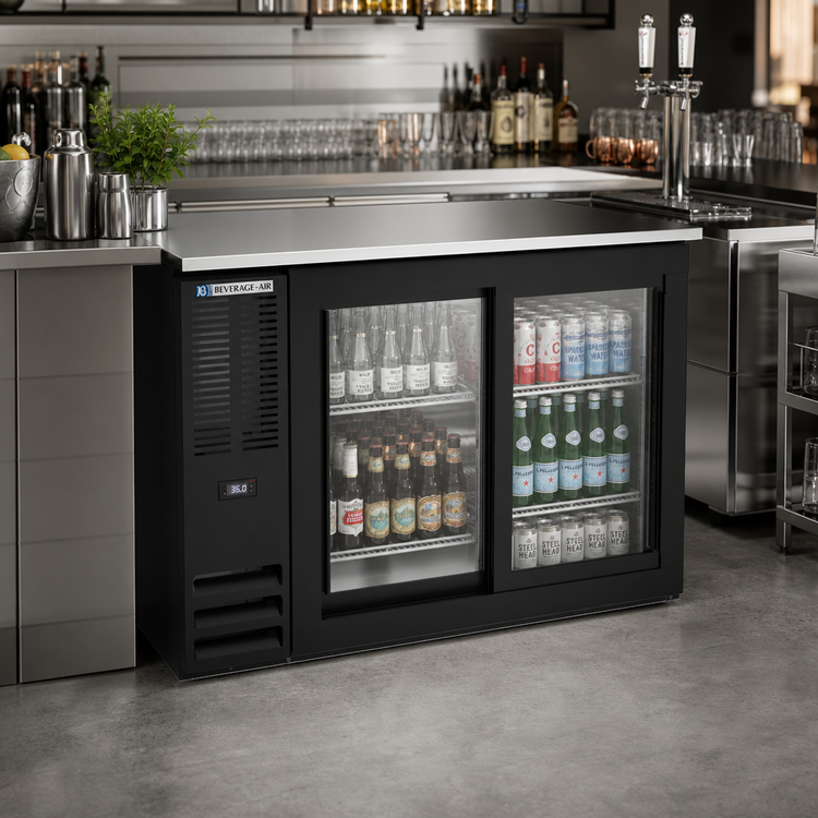 Product image #2 for Beverage-Air 48-Inch Two-Section Pass-Thru Back Bar Refrigerator with 4 Locking Sliding Glass Doors, Black Exterior, Stainless Steel Top