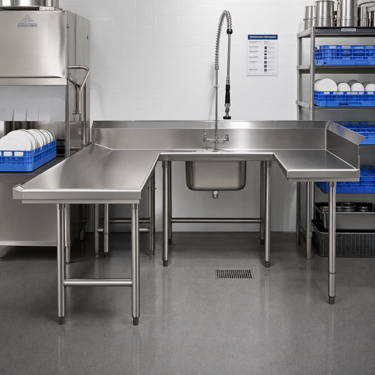 Product image #2 for Advance Tabco 108-Inch U-Shaped Soiled Dish Table with Left-Side Dishmachine Attachment, Dish Landing, and Pre-Rinse Sink