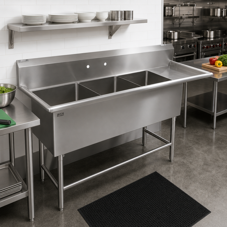 Product image #2 for John Boos Pro-Bowl 3-Compartment Sink with 30" Right Drainboard, 20" x 20" x 14" Bowls, 16-Gauge Stainless Steel