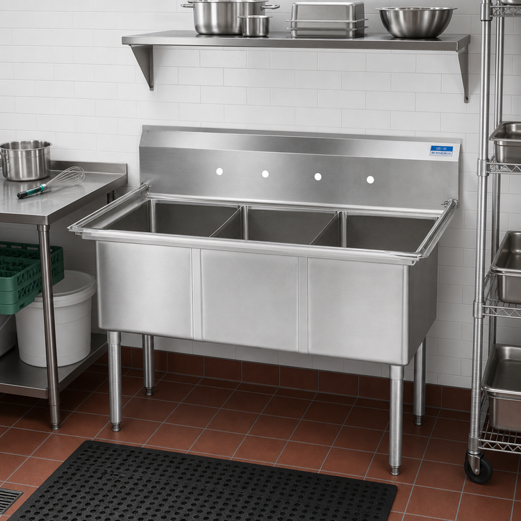 Product image #2 for BK Resources Three-Compartment No-Drainboard Stainless Steel Sink, 77-Inch Wide