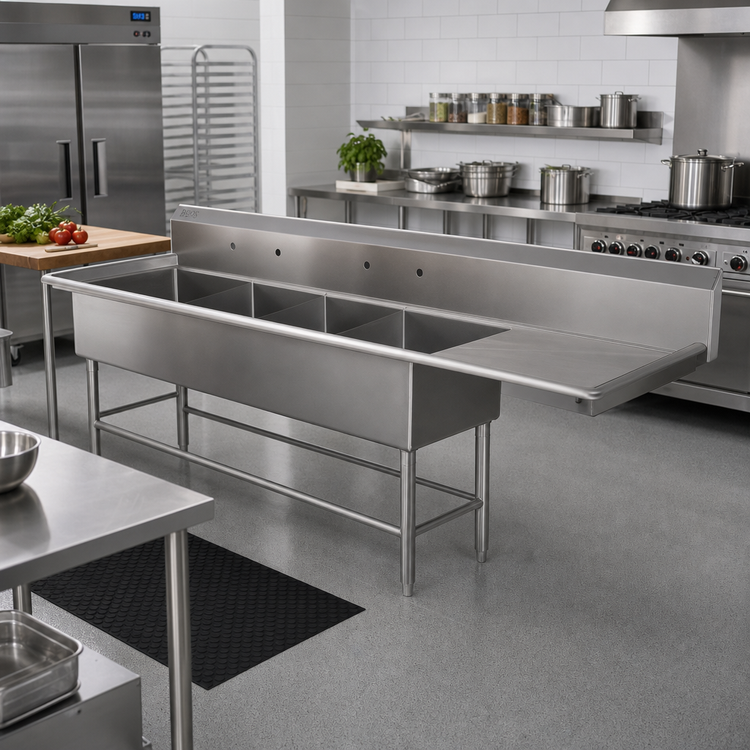 Product image #2 for John Boos Pro-Bowl 4-Compartment Commercial Sink with Right Drainboard, 20" x 20" x 14" Bowls, 14-Gauge Stainless Steel