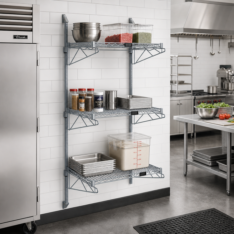 Product image #2 for Cantilever Wall-Mounted Wire Shelving Starter Unit with 3 Shelves, 54-Inch Posts, Gray Epoxy Finish