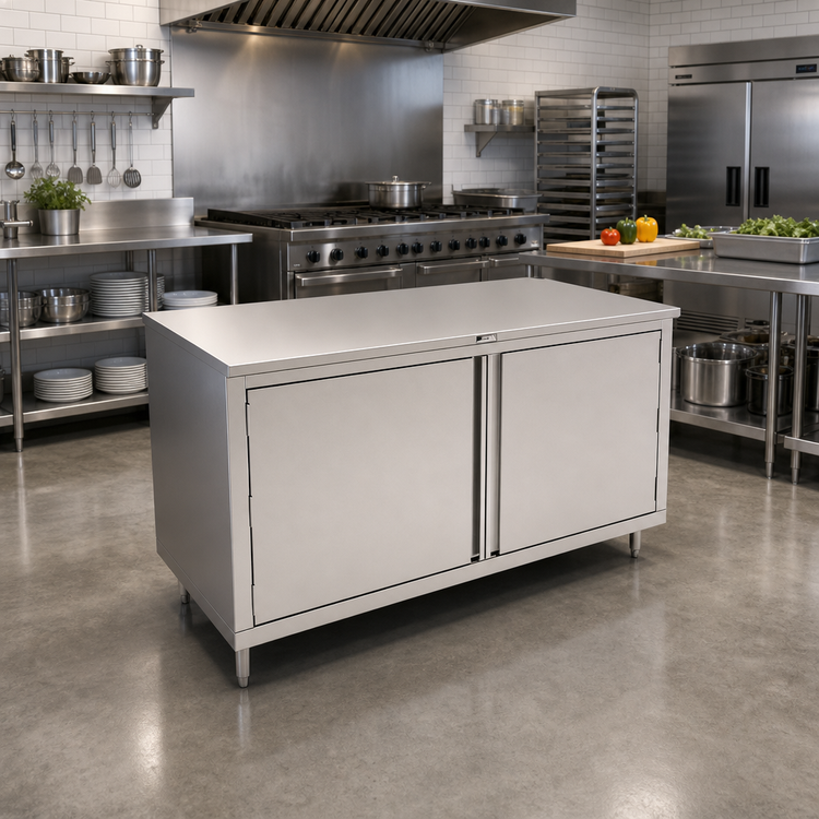 Product image #2 for 60" x 36" Enclosed Stainless Steel Work Table with Cabinet Base and Hinged Doors