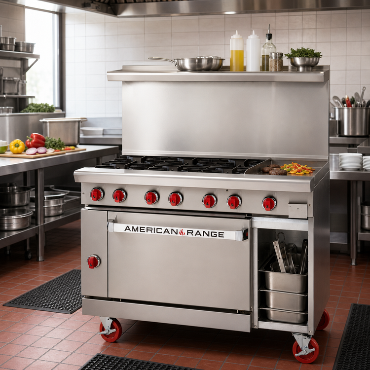 Product image #2 for American Range 48-Inch Gas Restaurant Range with Manual Griddle, 26-1/2-Inch Standard Oven, and Storage Base
