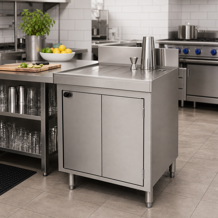 Product image #2 for Advance Tabco Underbar Basics Stainless Steel Drainboard Cabinet Base with Mid-Shelf and 2 Doors, 36 x 21 x 33 Inches