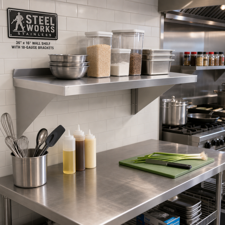 Product image #2 for Steel Works Stainless 36-Inch x 16-Inch Wall-Mounted 18-Gauge 430 Stainless Steel Shelf with Two Brackets