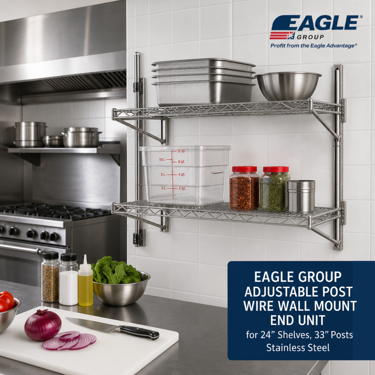Product image #2 for Eagle Group Adjustable Post Wire Wall Mount Prepackaged End Unit for 24-Inch Shelves, 33-Inch Posts, Stainless Steel