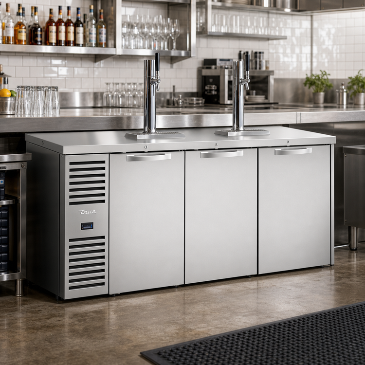 Product image #2 for True Premier Bar 84-Inch Three-Section Pass-Thru Refrigerated Draft Bar Cooler with 2 Beer Columns