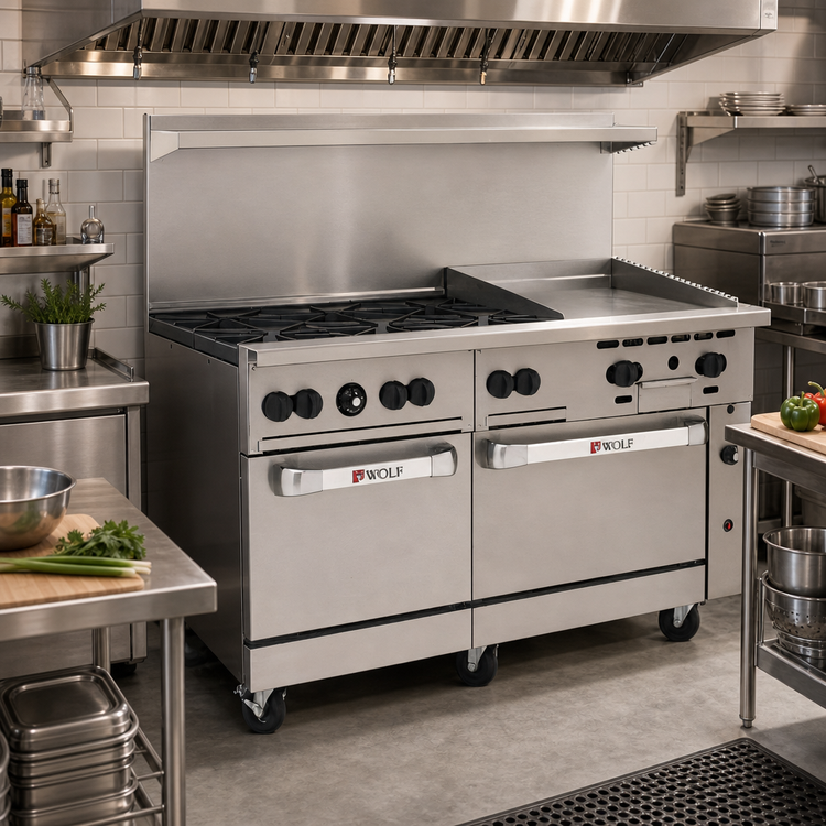 Product image #2 for Wolf Challenger XL™ 60-Inch Gas Restaurant Range with 6 Open Burners, 24-Inch Manual Griddle, and 2 Standard Ovens