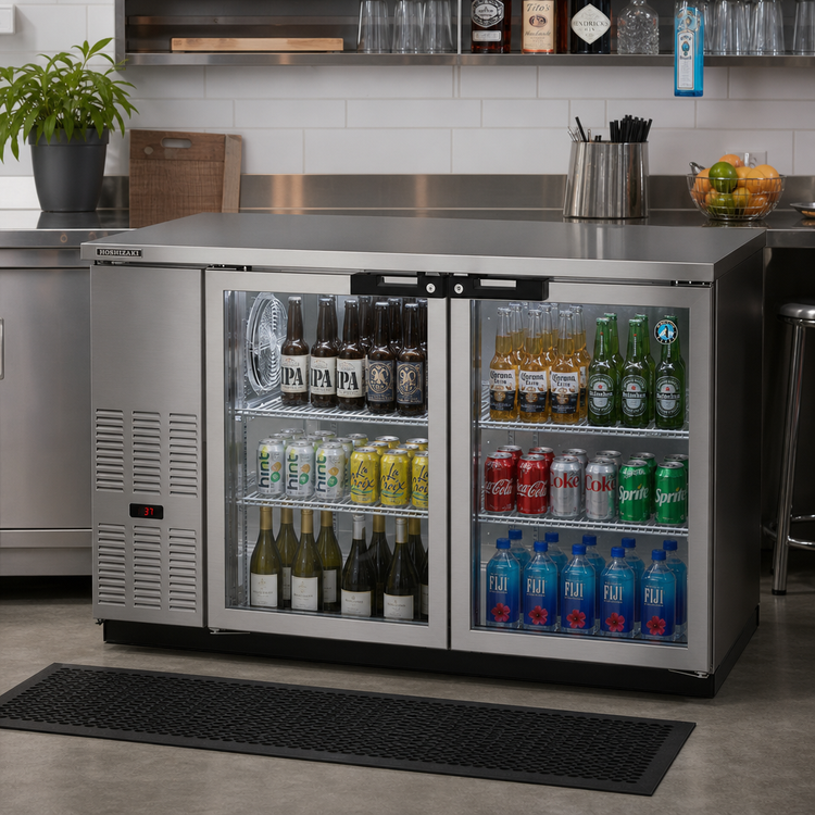 Product image #2 for Hoshizaki BB59-G-S Two-Section Glass Swing Door Back Bar Refrigerator, 59.5 Inch, Self-Contained Side-Mount, Stainless Steel Exterior