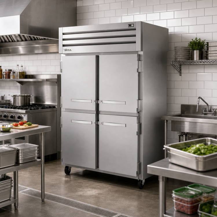 Product image #2 for True SPEC SERIES Two-Section Pass-Thru Reach-In Refrigerator with 4 Half Front and 2 Rear Solid Swing Doors, Stainless Steel, Top Mount