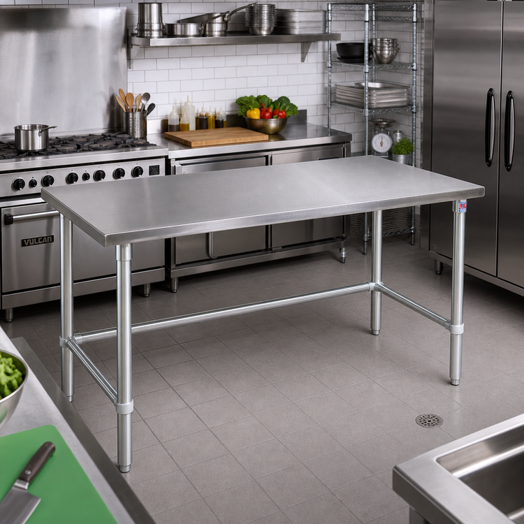 Product image #2 for John Boos Stallion 120-Inch x 36-Inch 14-Gauge Stainless Steel Flat Top Work Table with Stallion Safety Edge and Galvanized Base