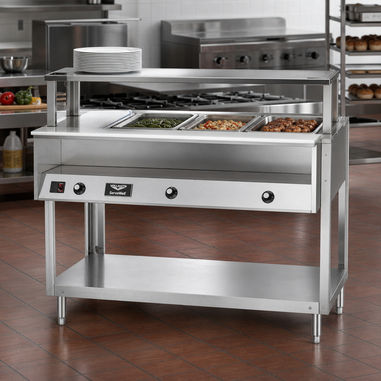 Product image #2 for Vollrath ServeWell® 2-Well Stainless Steel Hot Food Table with Open Shelf Base, Plate Shelf & Cutting Board