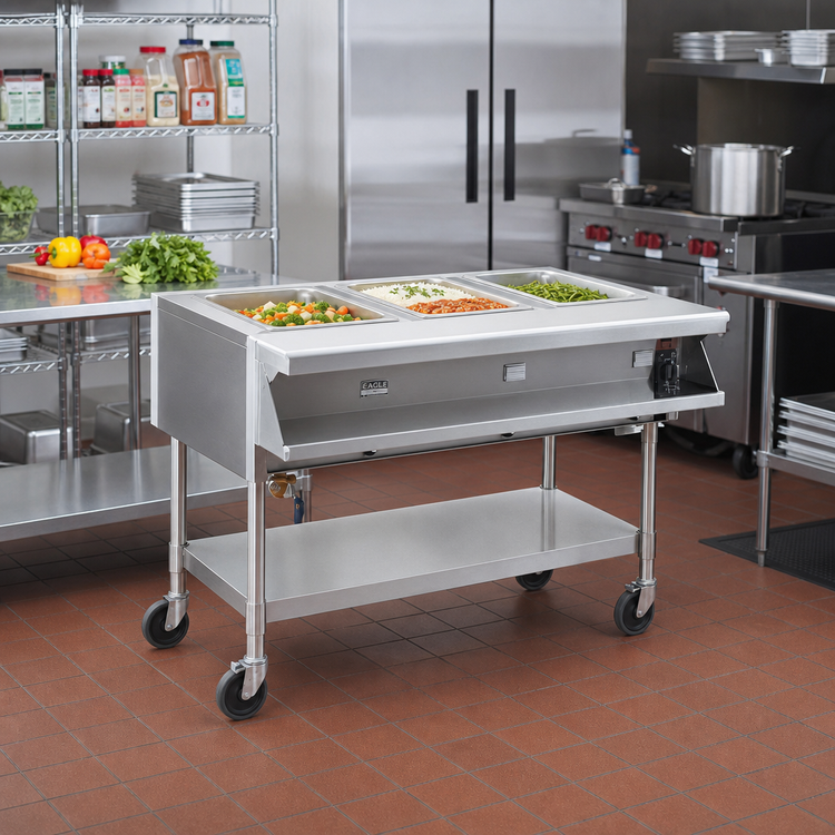 Product image #2 for Eagle Group Portable Sealed-Well Electric Hot Food Table, 4-Well, 66" Wide, Open Base, 208V/3-Phase