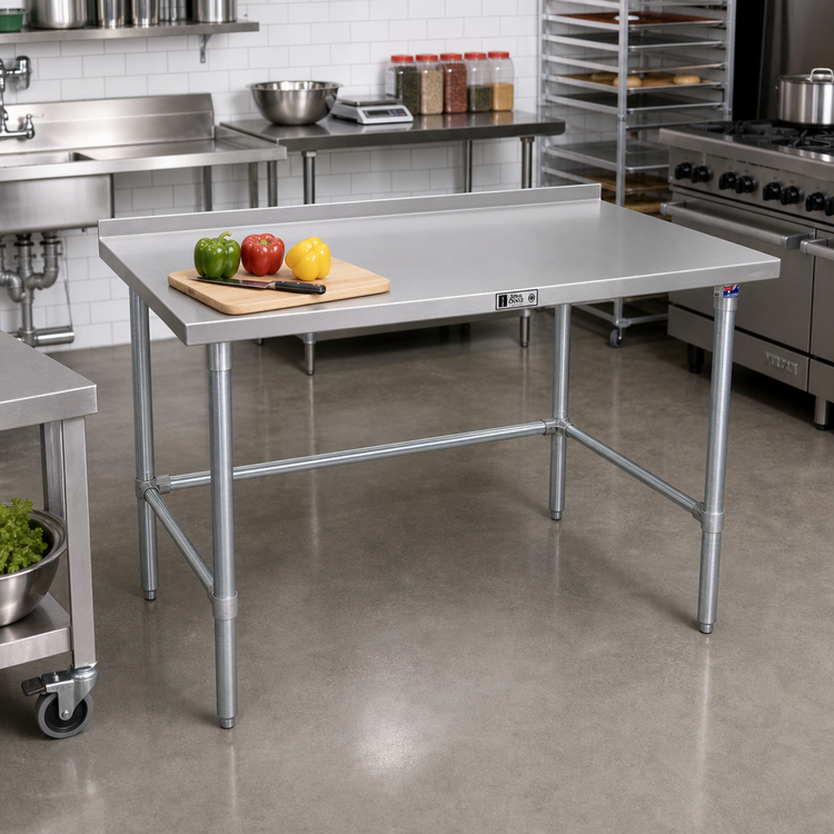 Product image #2 for John Boos Stallion 84" x 24" 14-Gauge 300 Series Stainless Steel Work Table with 1-1/2" Rear Up-Turn and Galvanized Open Base