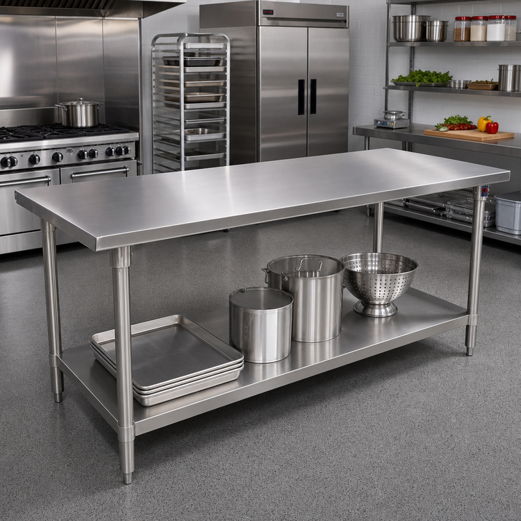 Product image #2 for John Boos 120" x 48" 14-Gauge 300 Series Stainless Steel Flat Top Work Table with Adjustable Undershelf