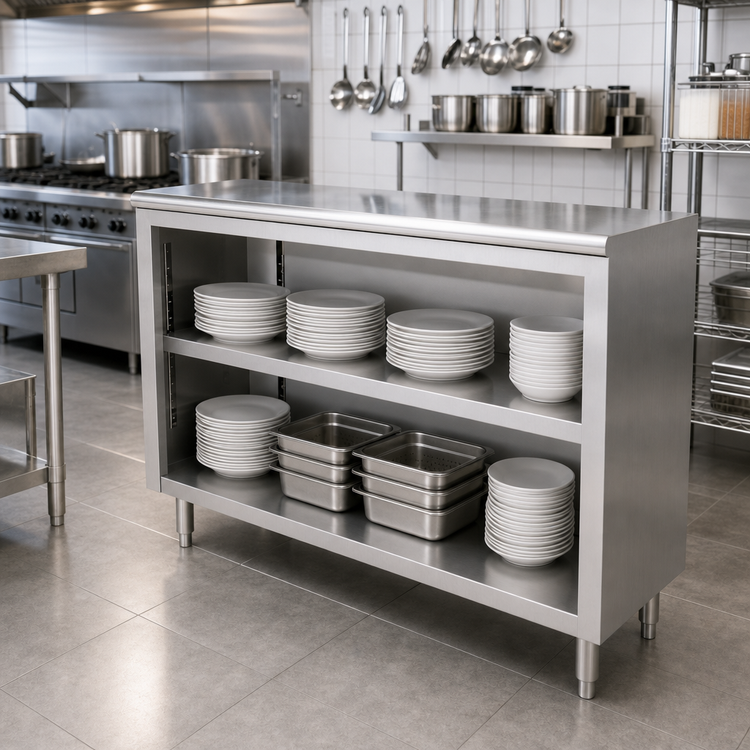 Product image #2 for 72-Inch Stainless Steel Open Front Enclosed Base Dish Cabinet with Adjustable Shelf