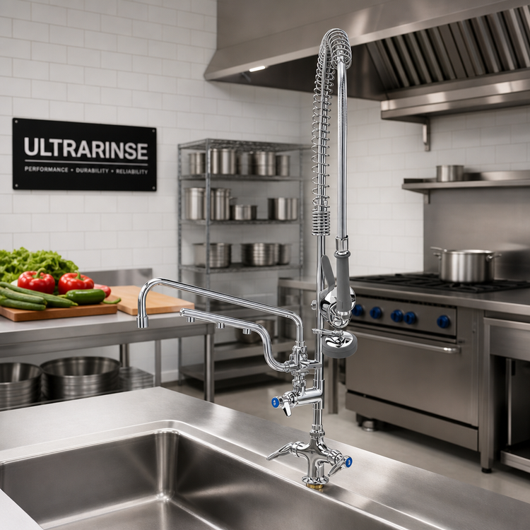 Product image #2 for UltraRinse Single-Hole Deck-Mount Manual Mixing Faucet with 12-Inch Swing Nozzle and Spray Valve