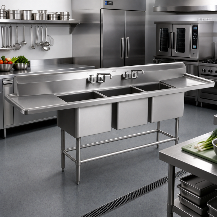 Product image #2 for Eagle Spec-Master FN Series Coved Corner Three-Compartment Sink with Dual 30-Inch Drainboards