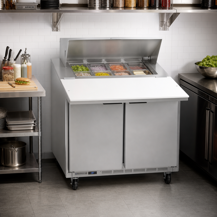 Product image #3 for Beverage-Air SPE36HC-08C Two-Section 36-Inch Sandwich Prep Table Refrigerator, 8-Pan Top