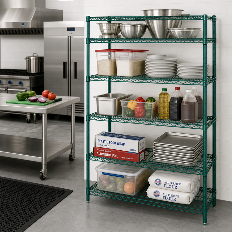 Product image #2 for Quantum 48 x 14 x 63 Inch Stationary Wire Shelving Starter Kit, 5-Shelf, Green Epoxy Antimicrobial Finish