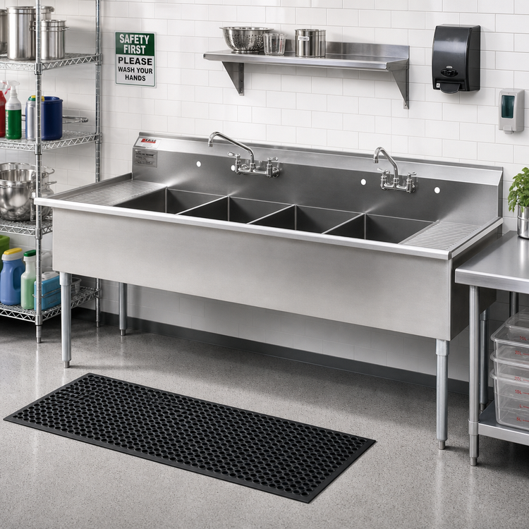 Product image #2 for Eagle Group Four-Compartment Utility Sink with Double Drainboards, 108-1/4 Inch Wide, 430 Stainless Steel
