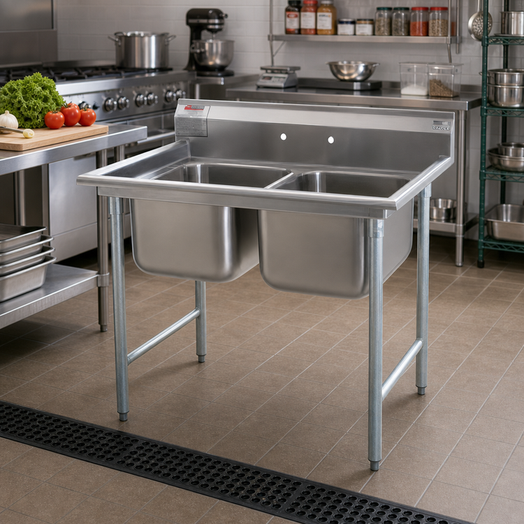 Product image #2 for Eagle Group 414 Series 57-1/2 Inch Two-Compartment Stainless Steel Sink with 9-1/2 Inch Backsplash and Galvanized Legs