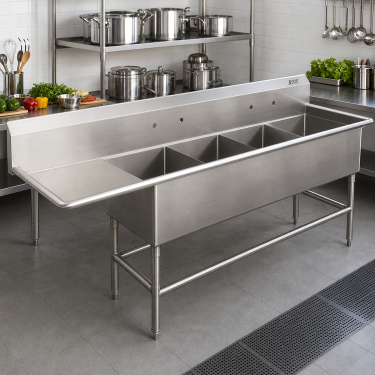 Product image #2 for John Boos Pro-Bowl 4-Compartment Sink with 24-Inch Left Drainboard, 20 x 20 x 12-Inch Bowls, 16-Gauge 300-Series Stainless Steel