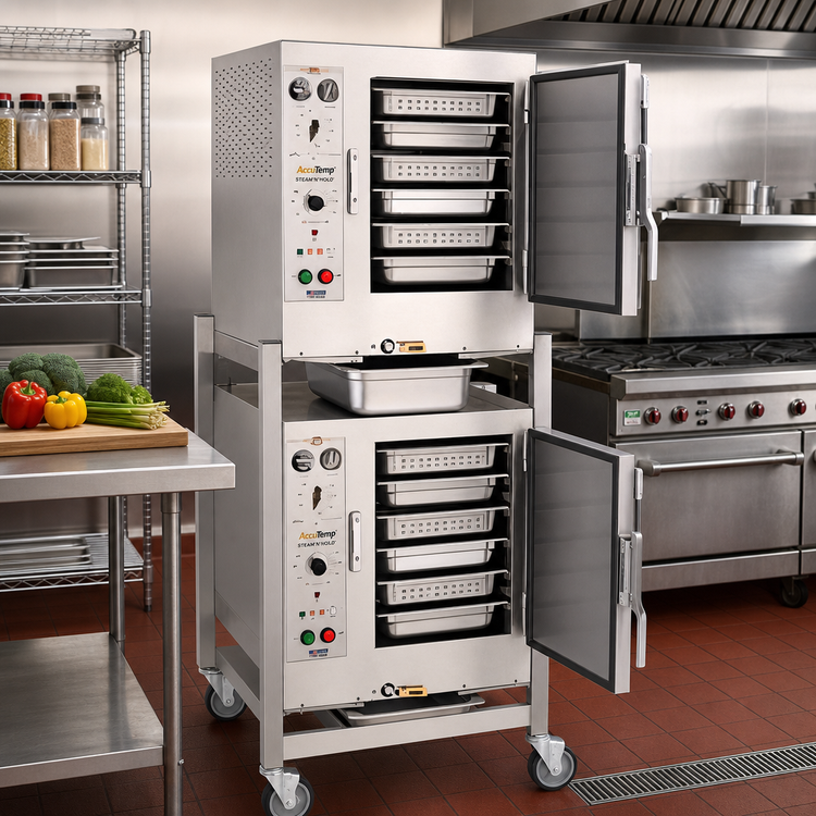 Product image #2 for AccuTemp Steam'N'Hold 2-Cavity Connectionless Vacuum Steamer with Stand and Casters, 208V, 6 kW