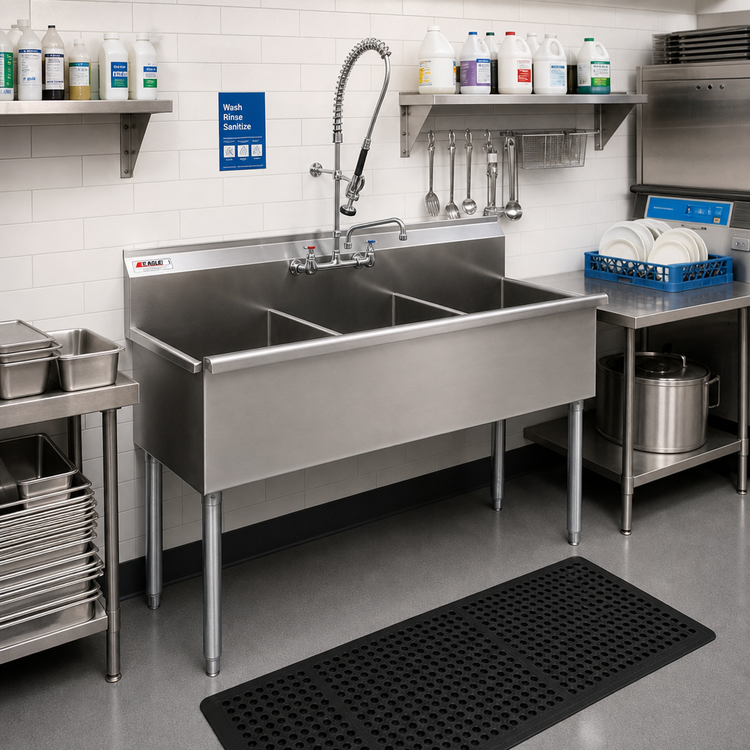 Product image #2 for Eagle Group Three-Compartment Utility Sink, 55-3/8 Inch Wide, 16-Gauge 430 Stainless Steel, Square Corner Construction, No Drainboards