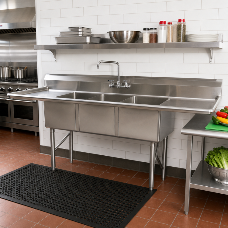 Product image #2 for 84-Inch Economy Three-Compartment Stainless Steel Sink with Double Drainboards