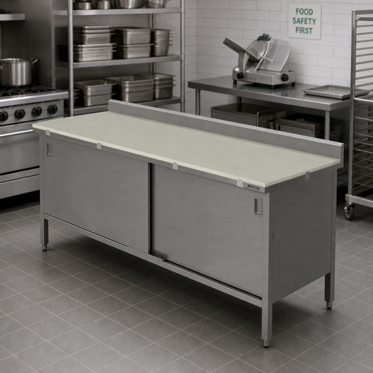 Product image #2 for John Boos 72" x 30" Poly Top Work Table with Cabinet Base and Sliding Doors