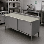 Thumbnail image #2 for John Boos EBSP3R5-3072 72" x 30" Poly Top Work Table with Stainless Steel Cabinet Base, Sliding Doors, Reversible Surface and 5" Backsplash