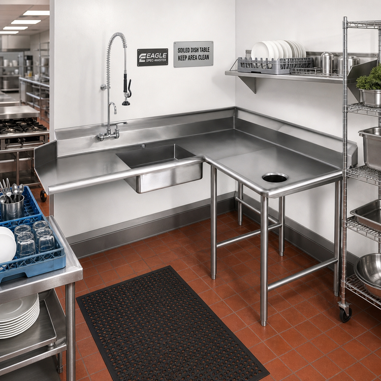 Product image #2 for Eagle Spec-Master Corner Soiled Dishtable with Pre-Rinse Sink, Right-Hand, 96" x 60", 14/304 Stainless Steel