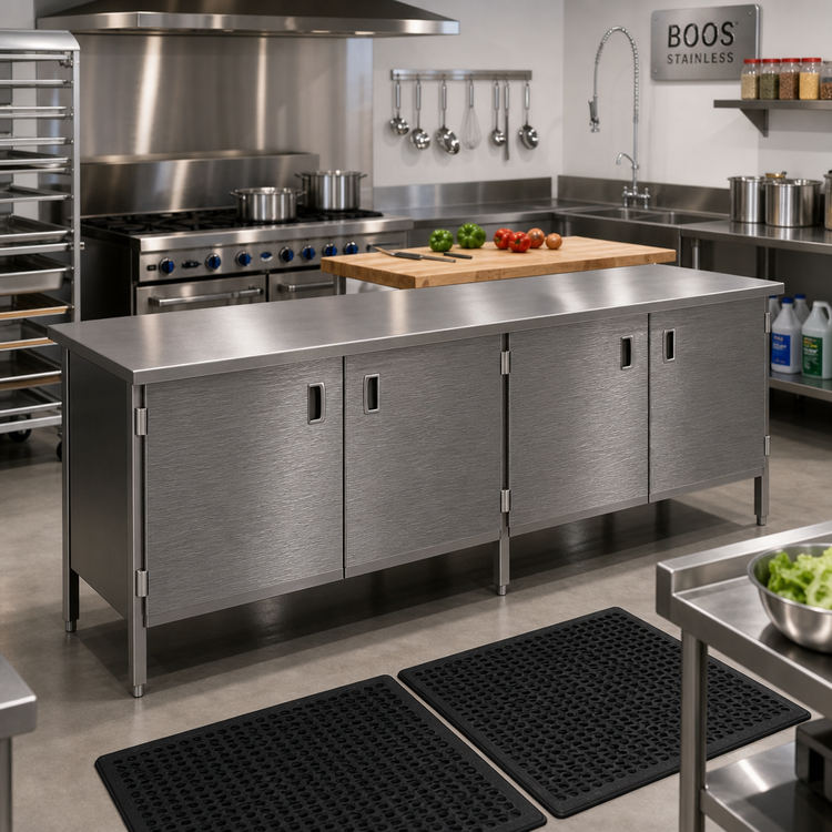 Product image #2 for John Boos Enclosed Base Stainless Steel Work Table with Hinged Doors, 144 x 30 Inches, Flat Top