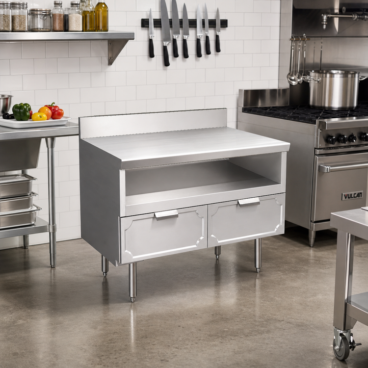 Product image #2 for La Rosa 24" x 28" Dry-Drawer Utility Stand with Rear Splash and Undershelf, 304 Stainless Steel