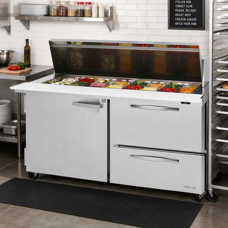 Product image #3 for Turbo Air PRO 60-Inch Two-Section Mega Top Sandwich/Salad Prep Table with Rear-Mount Self-Contained Refrigeration, 24-Pan Top, 2 Drawers and Locking Door