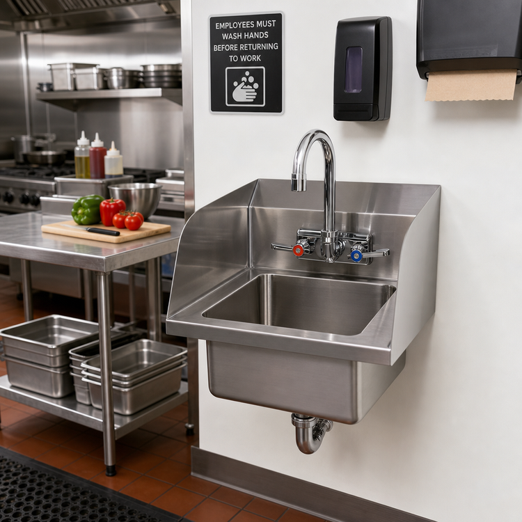 Product image #2 for Wall-Mounted 18 Gauge 304 Stainless Steel Hand Sink with 10 x 14 x 5-Inch Bowl, Faucet, and Side Splashes