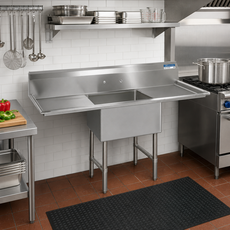 Product image #2 for BK Resources One Compartment Double Drainboard Stainless Steel Compartment Sink with 18" x 18" x 14" Bowl