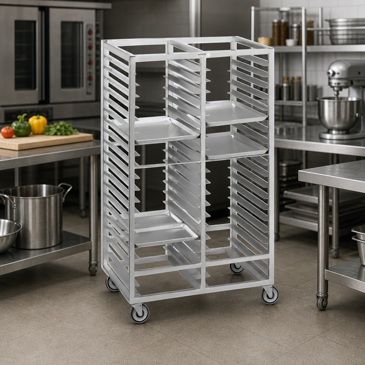 Product image #2 for Channel Manufacturing Double Section Aluminum Cafeteria Tray Rack, Standard Series, 36 Inch Height, 4 Inch Spacing, 18 x 26 Tray Capacity