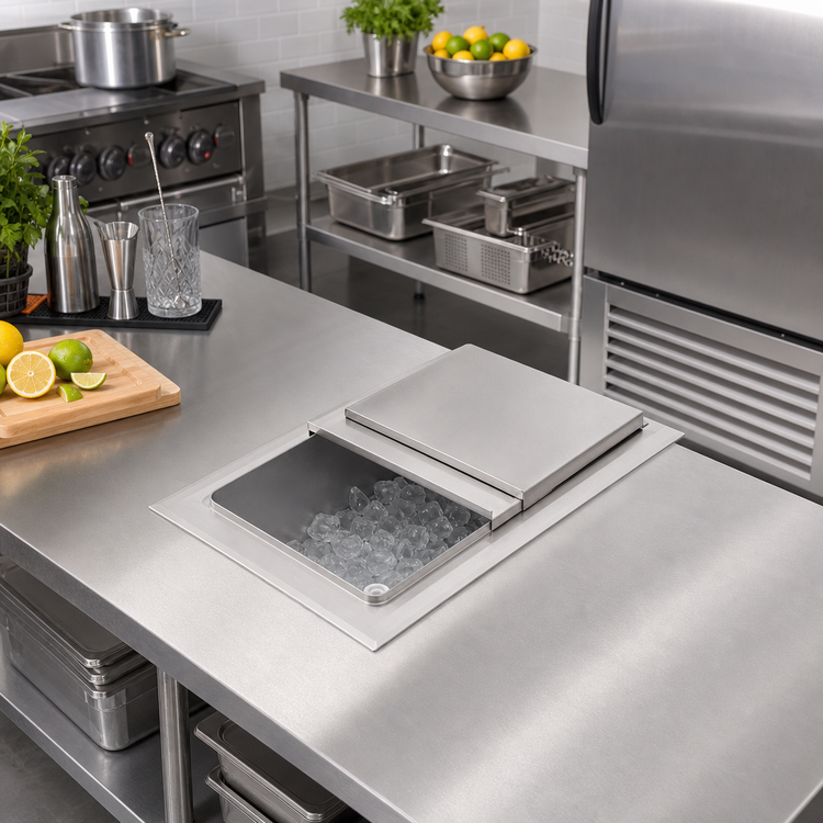Product image #3 for John Boos 12" x 18" Drop-In Insulated Stainless Steel Ice Bin with Sliding Lid and Drain