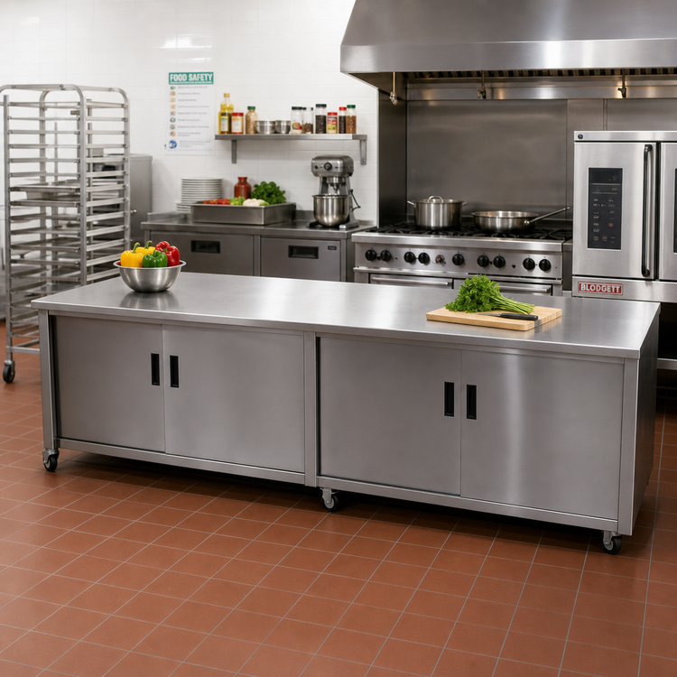 Product image #2 for Advance Tabco 108" x 36" Enclosed Work Table with Cabinet Base and Hinged Doors, 14-Gauge 304 Stainless Steel Top