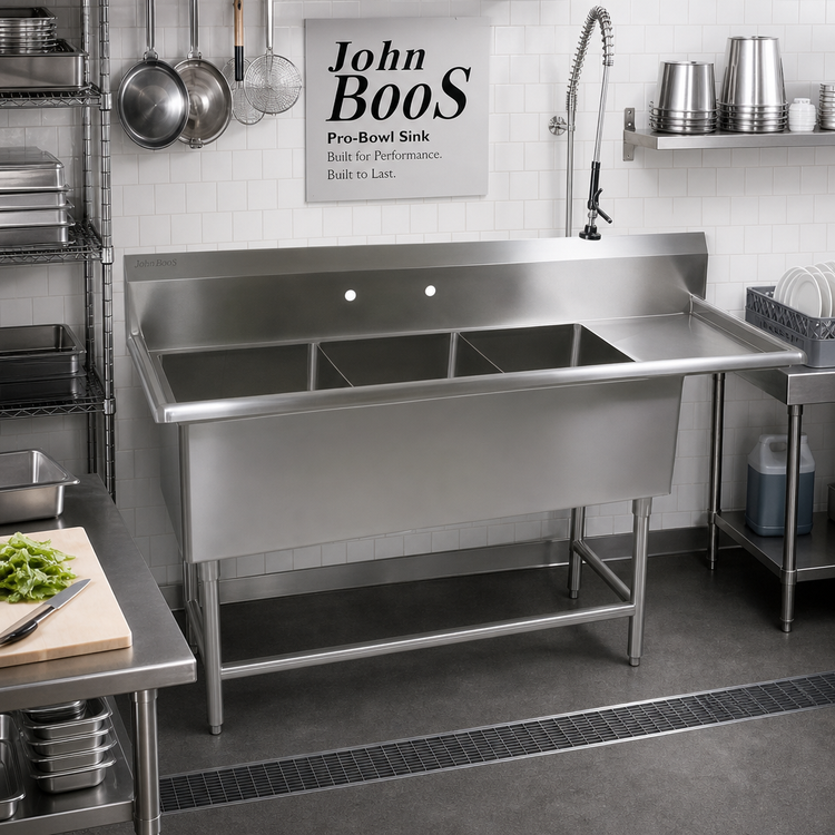 Product image #2 for John Boos Pro-Bowl 3-Compartment Sink with Right Drainboard, 16 Gauge 300 Series Stainless Steel, 24" x 24" x 12" Bowls