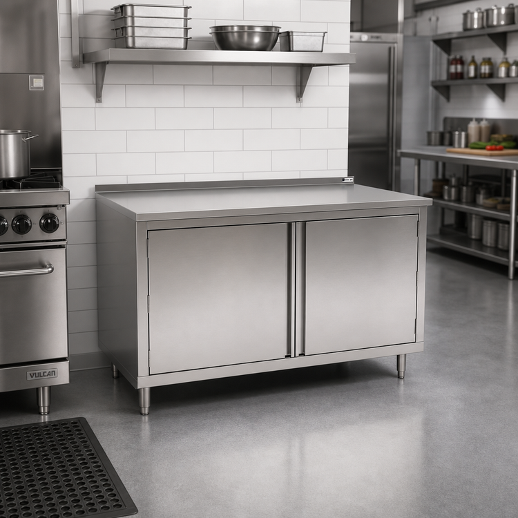Product image #2 for John Boos Enclosed Stainless Steel Work Table with Hinged Doors, 36"W x 24"D, 1-1/2" Rear Up-Turn