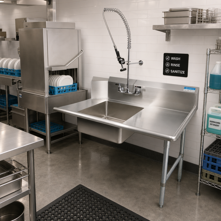 Product image #2 for BK Resources Straight Soiled Dish Table with 20 x 20 x 8 Sink, Pre-Rinse Faucet and Drain, 48 Inch, Right-to-Left, Galvanized Legs