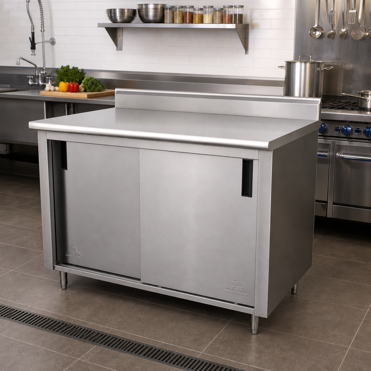 Product image #2 for Advance Tabco 60 Inch x 24 Inch Enclosed Stainless Steel Work Table with Cabinet Base, Mid-Shelf, Sliding Doors, and Rear Up-Turn