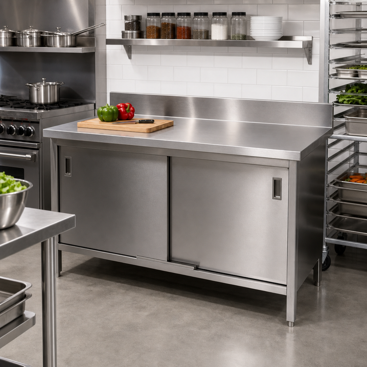 Product image #2 for John Boos 60-Inch x 24-Inch Stainless Steel Enclosed Base Work Table with Sliding Doors and 5-Inch Backsplash