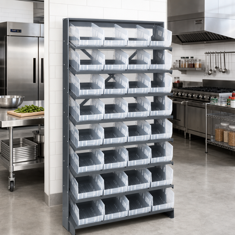 Product image #2 for Quantum Sloped Single-Sided Steel Pick Rack with 8 Shelves and 32 Clear Bins