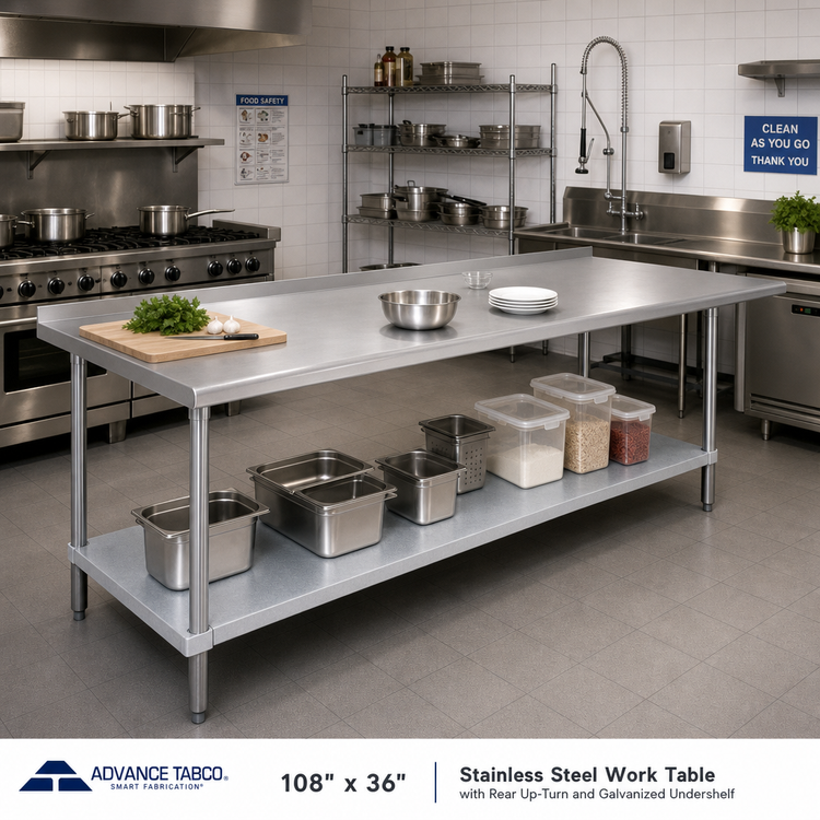 Product image #2 for Advance Tabco 108 Inch x 36 Inch Stainless Steel Work Table with Rear Up-Turn and Galvanized Undershelf