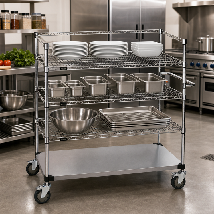 Product image #2 for Quantum 4-Shelf 3-Sided Stainless Steel Bus Cart, 36 x 24 x 60 Inches